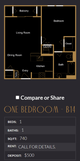 Floor plan for 1 bed, 1 bath, 740 sqft